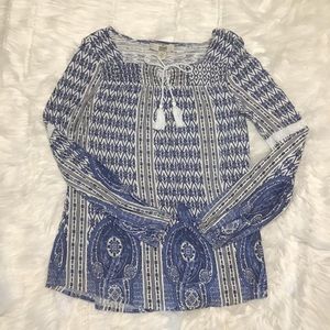 Vintage America Women’s Blue White Peasant Print Long Sleeve Shirt Square Neck